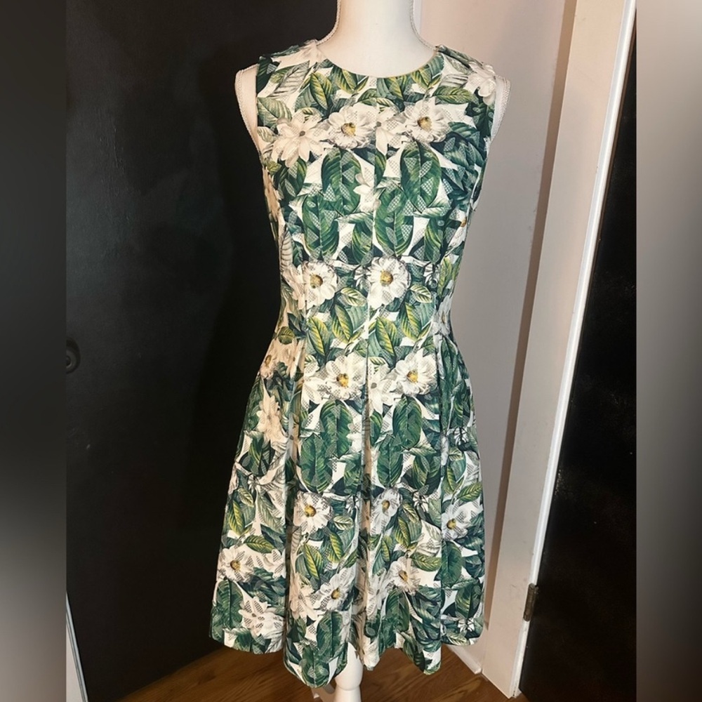 ANTONIO MELANI Green and White Fit and Flare Midi Dress 4 NEW!